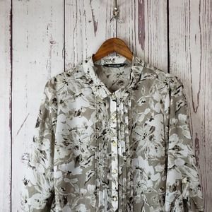 Bonmarche Henley Tunic Blouse Womens Size 16 Floral Sheer Roll Tab Sleeves